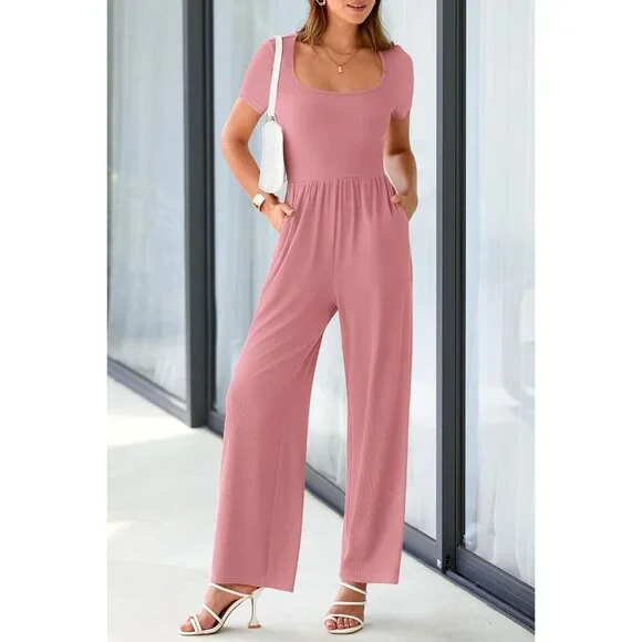 Women's Dusty Pink Summer Short Sleeve Square Neck Wide Leg Rompers Jumpsuits - Picture 4 of 8